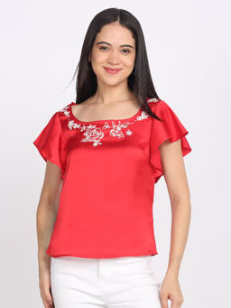 SHAYE - Maroon Square Neck Embroidered Short Sleeves Casual Top For Women