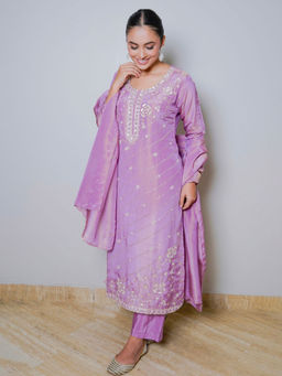 Sindh Fashion - Lavender Chinon Embroidered Kurta with Pant and Dupatta (Set of 3)