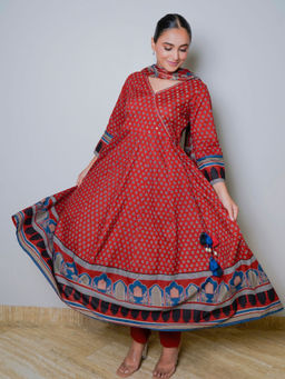 Sindh Fashion - Maroon Cotton Printed Angrakha Kurta with Pant and Dupatta (Set of 3)