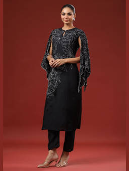 Sindh Fashion - Black Semi Cotton Printed Kurta with Pant (Set of 2)