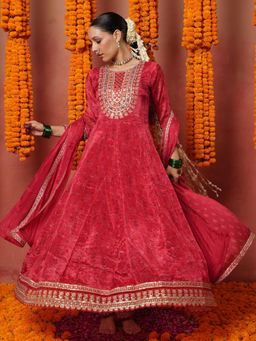 Sindh Fashion - Red Semi Crepe Embroidered Anarkali Kurta with Pant and Dupatta (Set of 3)