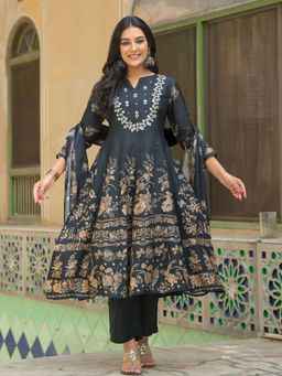 Sindh Fashion - Black Semi Cotton Embroidery Anarkali Kurta with Pant and Dupatta (Set of 3)