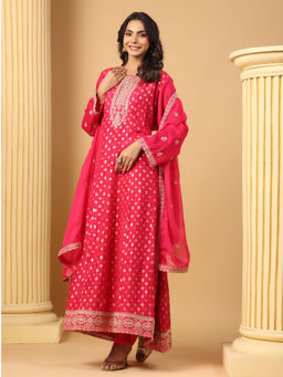 Sindh Fashion - Pink Semi Crepe Embroidery Anarkali Kurta with Pant and Dupatta (Set of 3)