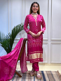 Sindh Fashion - Pink Satin Floral Printed Kurta with Pant and Dupatta (Set of 3)