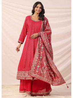Sindh Fashion - Pink Embroidery Pink Anarkali Kurta with Palazzo and Dupatta (Set of 3)