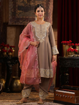 Sindh Fashion - Taupe Embroidered Kurta with Dhoti Pant and Dupatta (Set of 3)