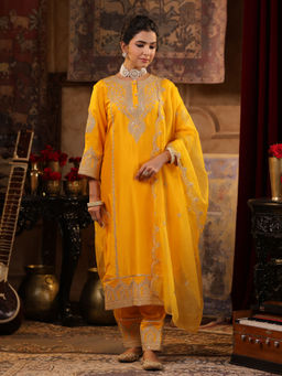 Sindh Fashion - Yellow Embroidered Kurta with Pant and Dupatta (Set of 3)