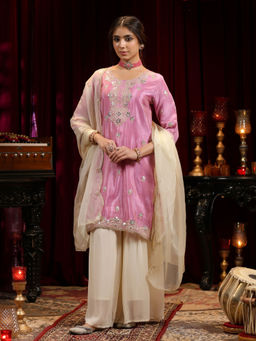 Sindh Fashion - Pink Embroidered Kurta With Palazzo and Dupatta (Set of 3)