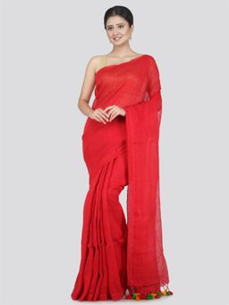 PinkLoom - Women's Linen Saree with Unstitched Blouse Piece, Red