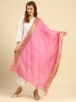 Dupatta Bazaar - Womens Pink Silk with Gold Temple Border Dupatta