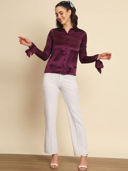 Trend Arrest - Maroon Tie-up Sleeve Satin Shirt