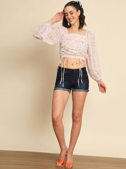 Trend Arrest - White Floral Ruched Top