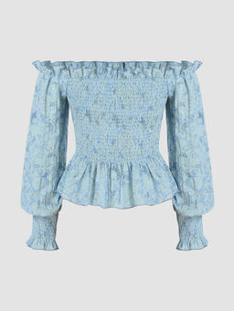 Cider - Floral Ruffle Hem Off-shoulder Shirred Crop Top