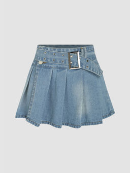 Cider - Denim Pleated Ruffle Mini Skirt (Set of 2)