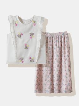 R&B - White Floral Ruffled Sleeves Top With Skirt