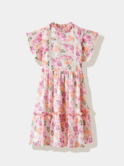 R&B - White Floral Ruffled Sleeves Dress