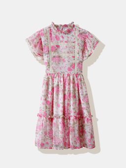 R&B - White Floral Ruffled Sleeves Dress