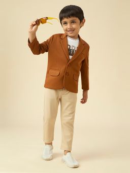 Kids Island - Brown Printed Full Sleeves Blazer T-Shirt with Pant
