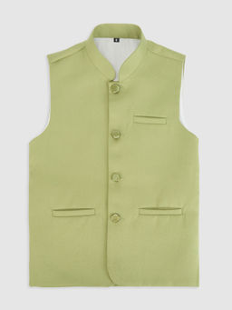 Kids Island - Green Solid/Plain Sleeveless Nehru Jacket