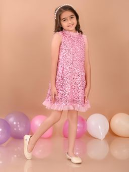 Lilpicks - Sequin Knee Length Sleeveless Fit n Flare Party Dress - Pink