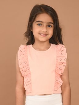 Lilpicks - Schiffli Ruffle Design Sleeveless Slim Fit Crop Top - Peach