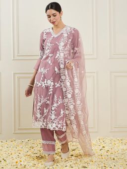 ADORNIA - Mauve Floral Embroidered Regular Straight Kurta with Pant and Dupatta (Set of 3)