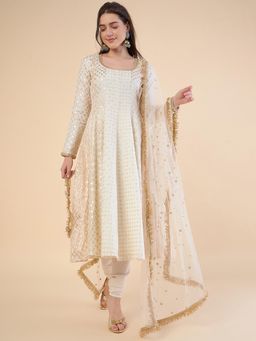 ADORNIA - Off White Women Sequinned Chanderi Cotton Kurta with Churidar and Dupatta (Set of 3)