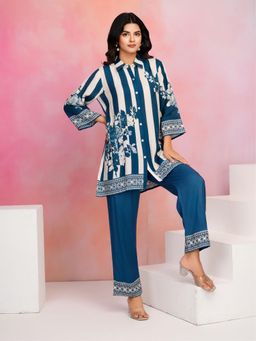 KAFTANIZE - Blue Striped Floral Print Co-Ord In Muslin (Set of 2)