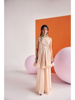 Leela by A - Beige Angrakha Long Kurta With Organza Palazzo And Dupatta