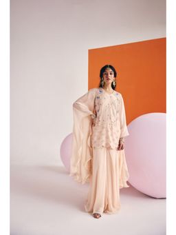 Leela by A - Beige Short Long Sleeve Kurta With Organza Palazzo