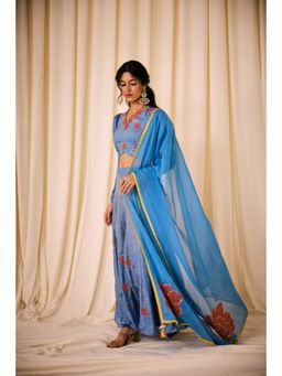 Leela by A - Blue Applique Embroidery Lehenga With Blouse And Dupatta