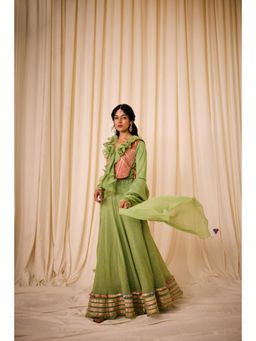 Leela by A - Green Blouse With Ruffled Neck Along With Peach Bib And Fully Highlighted Lehenga