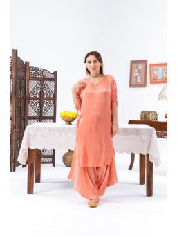 Leela by A - Peach Cinched Sleeves Kurta With Harem Pant