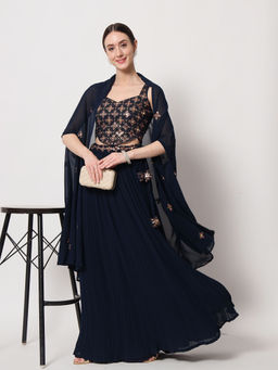 Odette - Navy Blue Georgette Semi Stitched Lehenga with Unstitched Blouse (Set of 3)