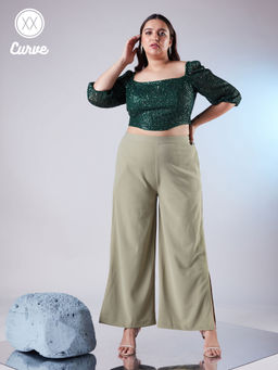 Twenty Dresses by Nykaa Fashion - Curve Green Sequin Square Neck Short Top