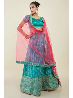 Soch - Women Turquoise Blue Silk Unstiched Lehenga with Patterns and Sequins (Set of 3)