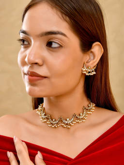 Prestones - White Moon Pearl Polki Choker and Earrings Set