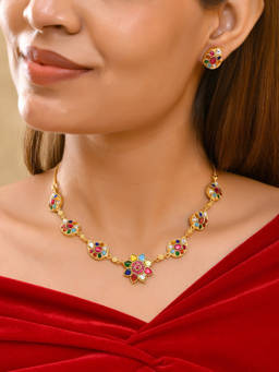Prestones - Multicolor Navratna Polki Necklace and Earrings Set