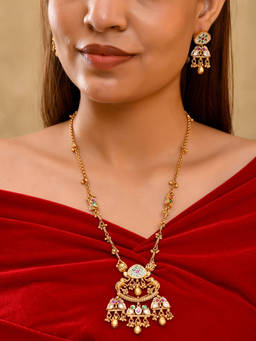 Prestones - Multicolor Sunehri Long Temple Necklace and Earrings Set