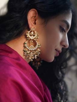 Prestones - White Zarmina Polki Emerald Chandbali Earrings