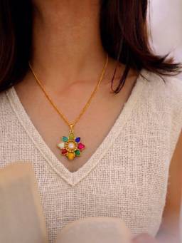Prestones - Multicolor Rangrez Navratna Floral Pendant Necklace