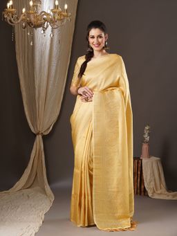 Akhilam - Womens Georgette Cream Woven Design Saree with Unstitched Blouse