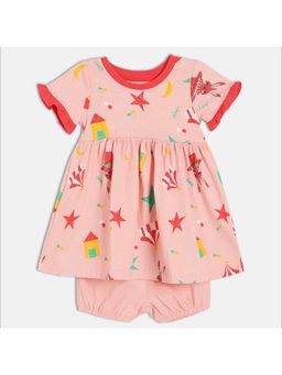 MINI KLUB - Baby Girls Cotton Short Sleeve Cartoon printed Dress With Bloomer - Pink