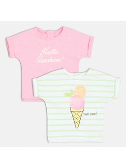 MINI KLUB - New Born And Baby Girls Cotton Short Sleeve Striped Knit Top (Pack of 2)