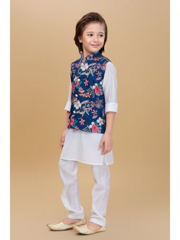 Mini Stitch - Cotton Silk Printed Kurta with Pyjama & Nehru Jacket Navy Blue