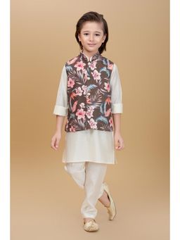 Mini Stitch - Cotton Silk Printed Kurta with Pyjama & Nehru Jacket Brown