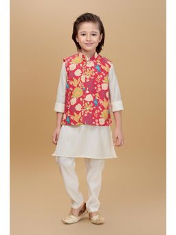 Mini Stitch - Cotton Silk Printed Kurta with Pyjama & Nehru Jacket Red