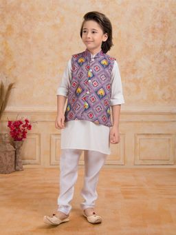 Mini Stitch - Cotton Silk Printed Kurta with Pyjama & Nehru Jacket Purple