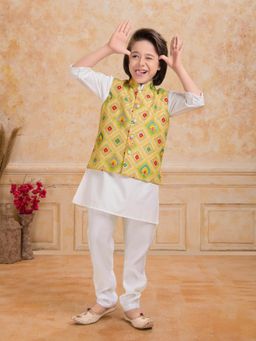 Mini Stitch - Cotton Silk Printed Kurta with Pyjama & Nehru Jacket Yellow