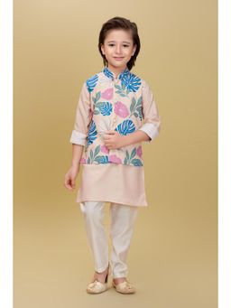 Mini Stitch - Cotton Silk Printed Kurta with Pyjama & Nehru Jacket Peach